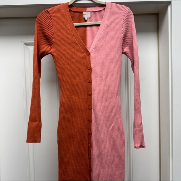 Pink and Orange Ribbed Button Down Midi Sweater Dress - Picture 5 of 11
